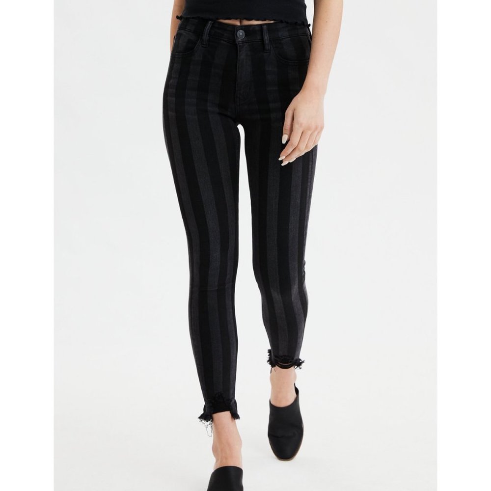 AE High Waisted Black Striped Raw Hem Jeans